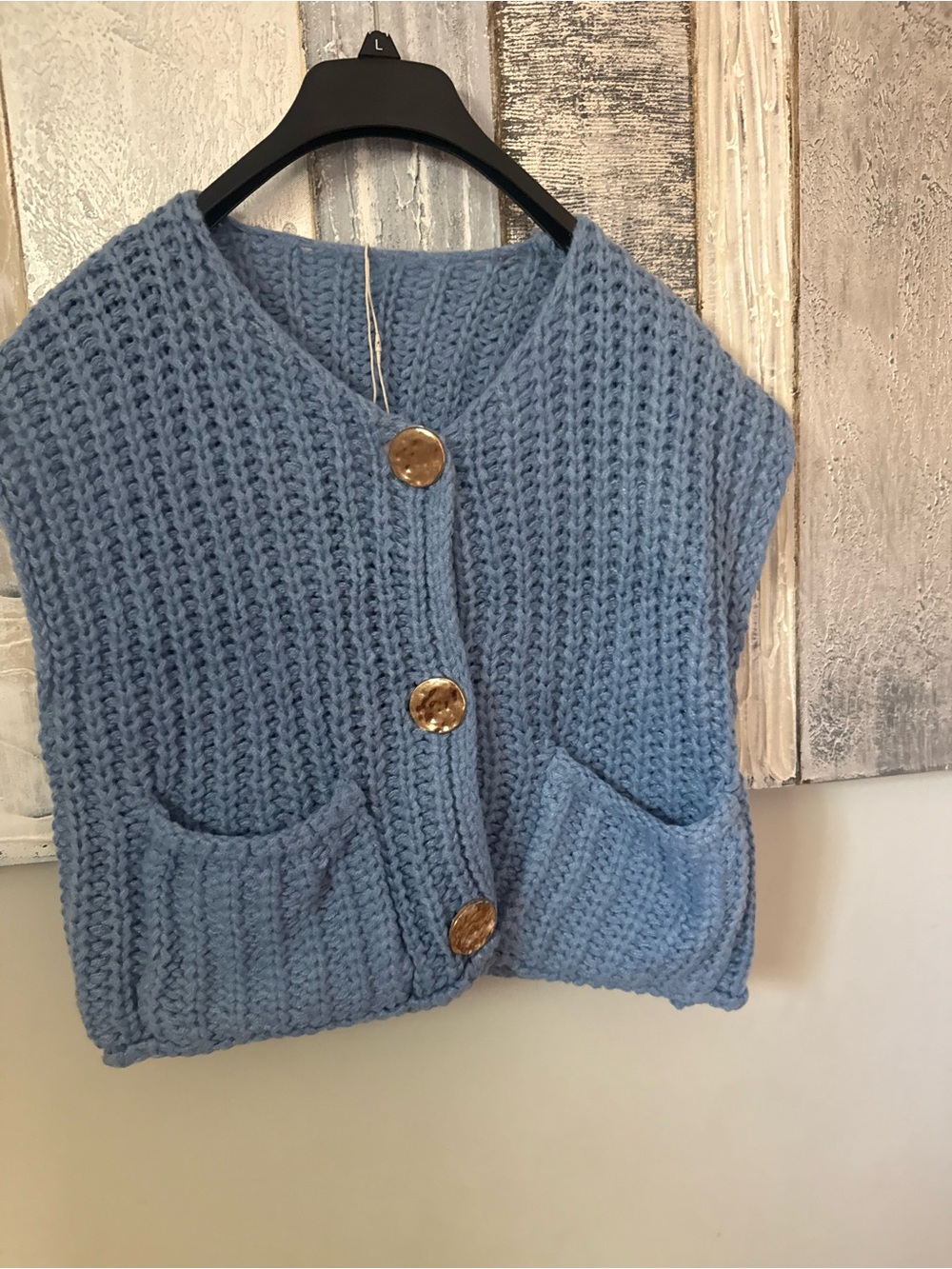 Blue Chunky Knit Button Front Sweater Vest